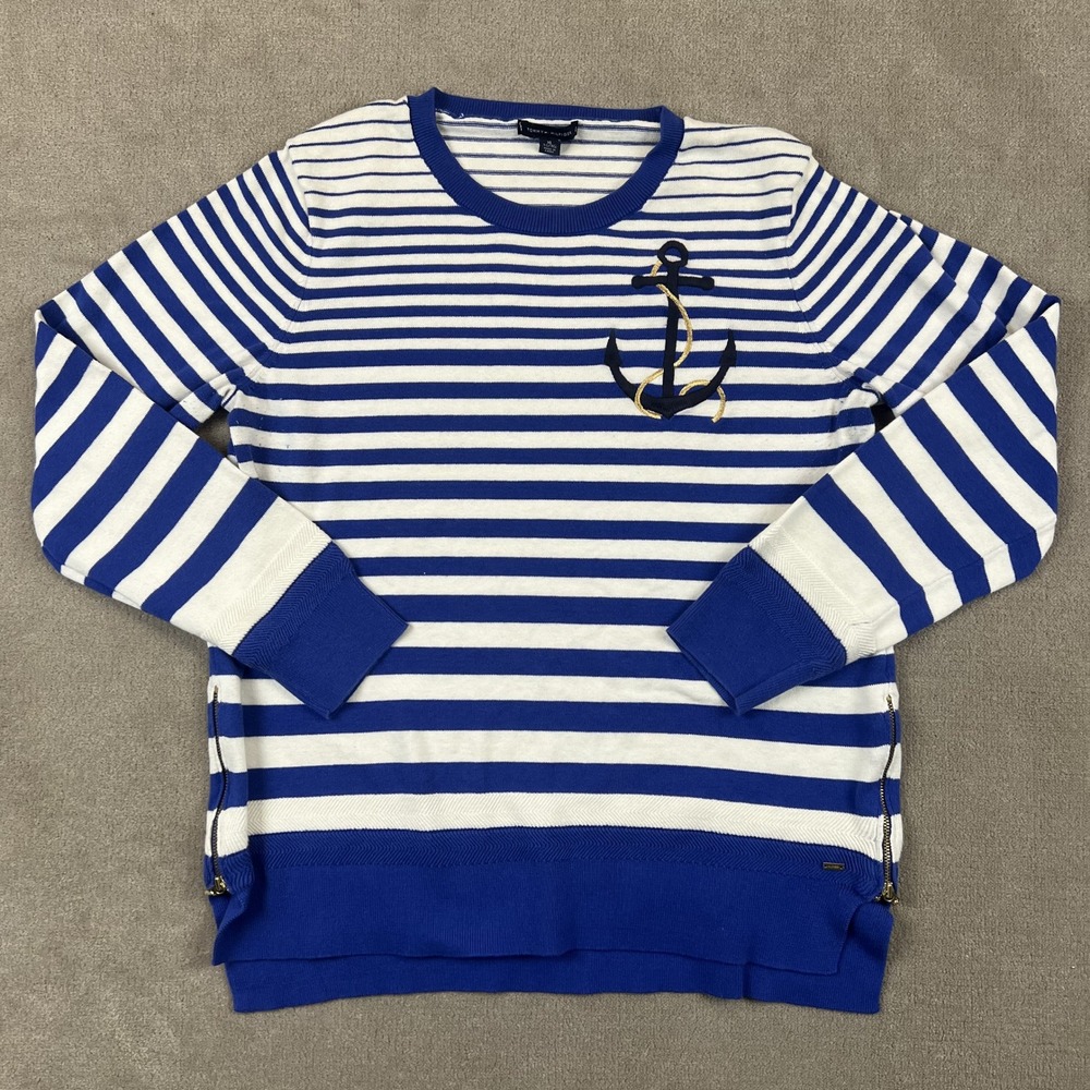 Tommy Hilfiger Sweater Womens XL Blue White Striped Anchor Nautical Side Zip
